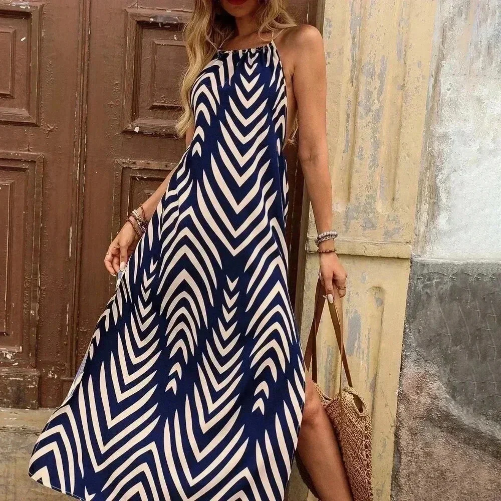 Multicolor Sexy Women's Halter Fringe Tie Backless High Split Print Dress - Picture 1 of 6